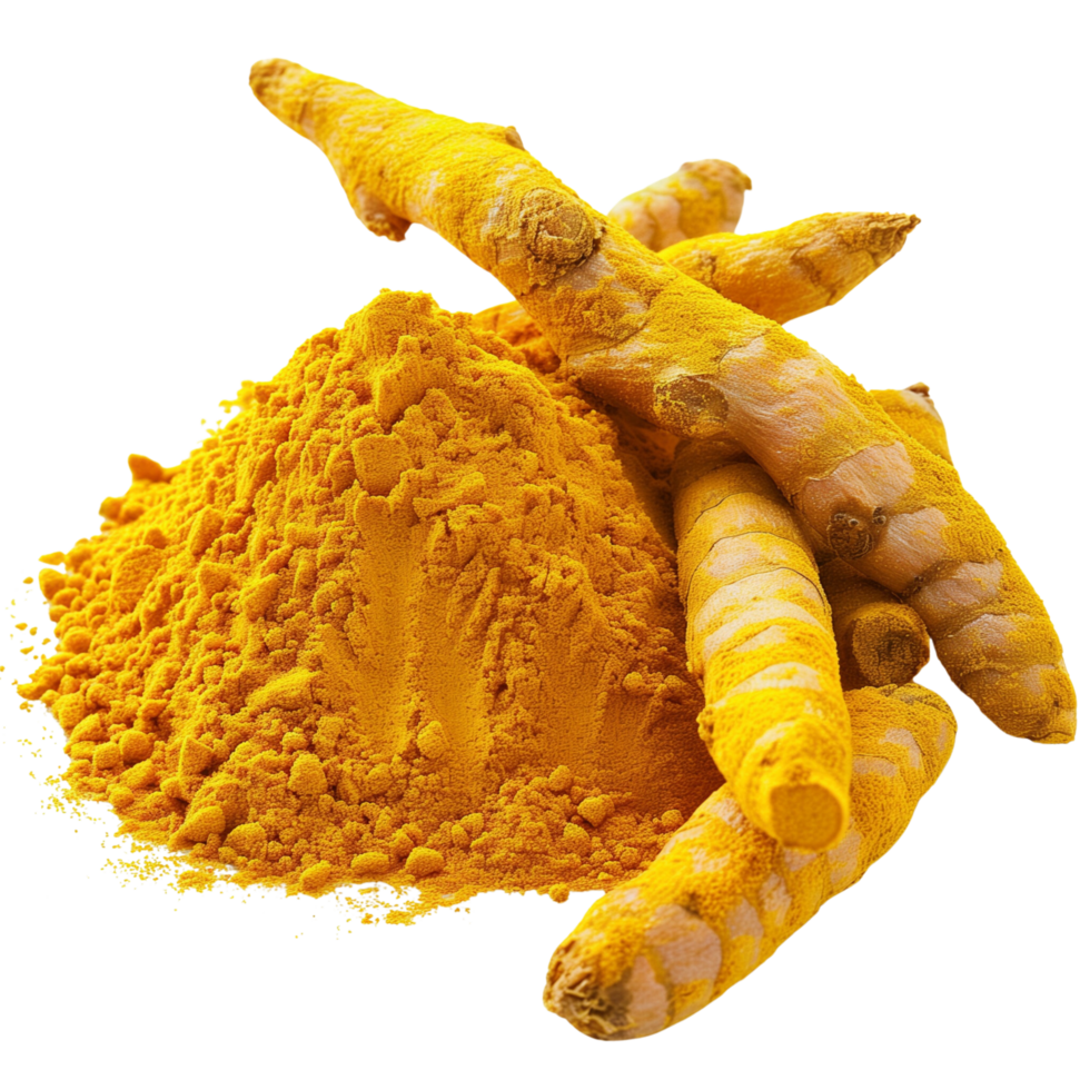 Clear and sharp focus close-up of fresh Curcuma longa roots beside a pile of turmeric powder isolated on a transparent background png
