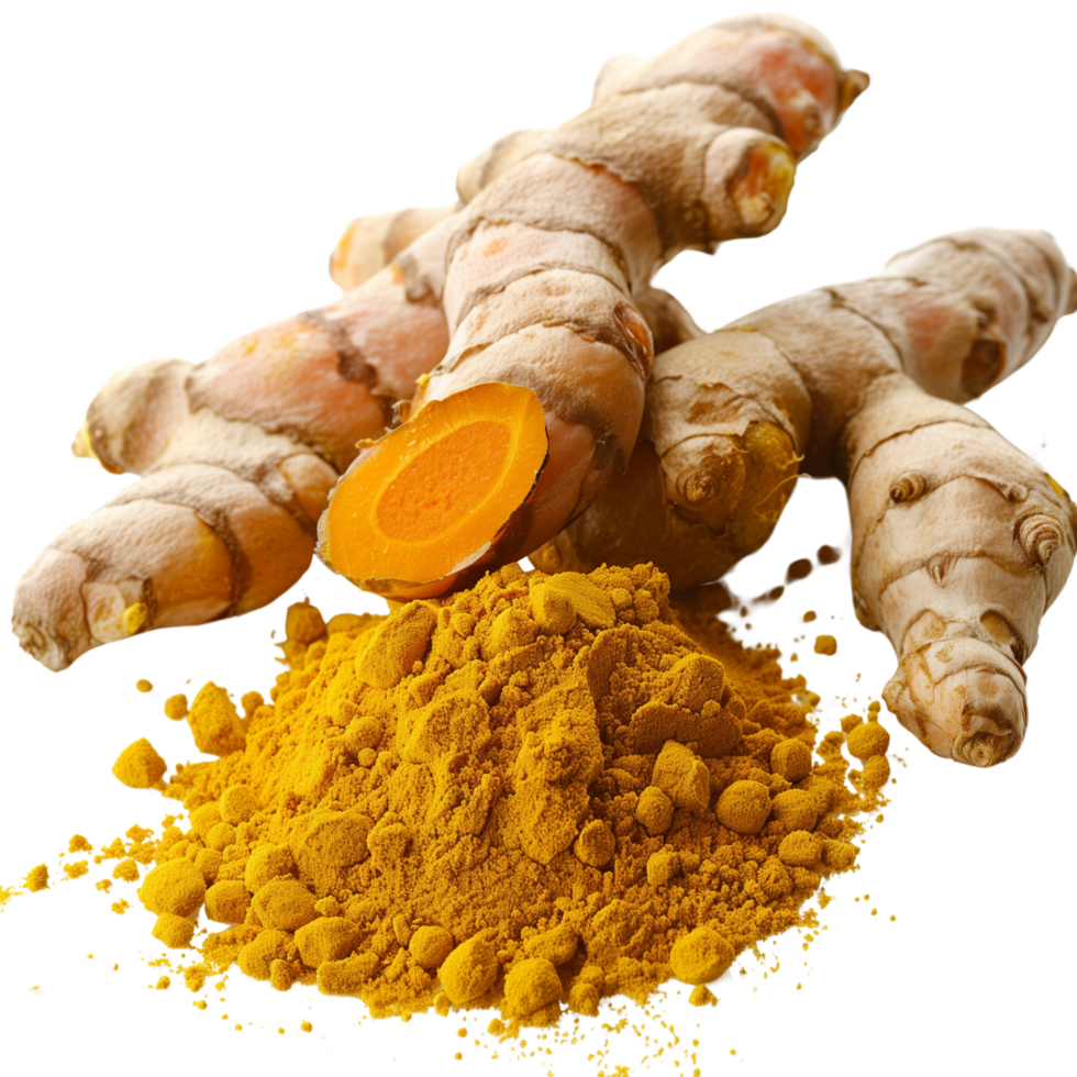 Clear and sharp focus close-up of fresh Curcuma longa roots beside a pile of turmeric powder isolated on a transparent background png
