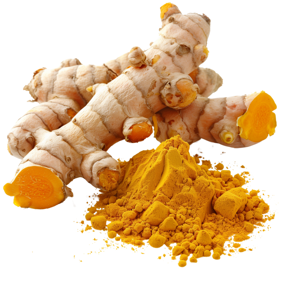 Clear and sharp focus close-up of fresh Curcuma longa roots beside a pile of turmeric powder isolated on a transparent background png