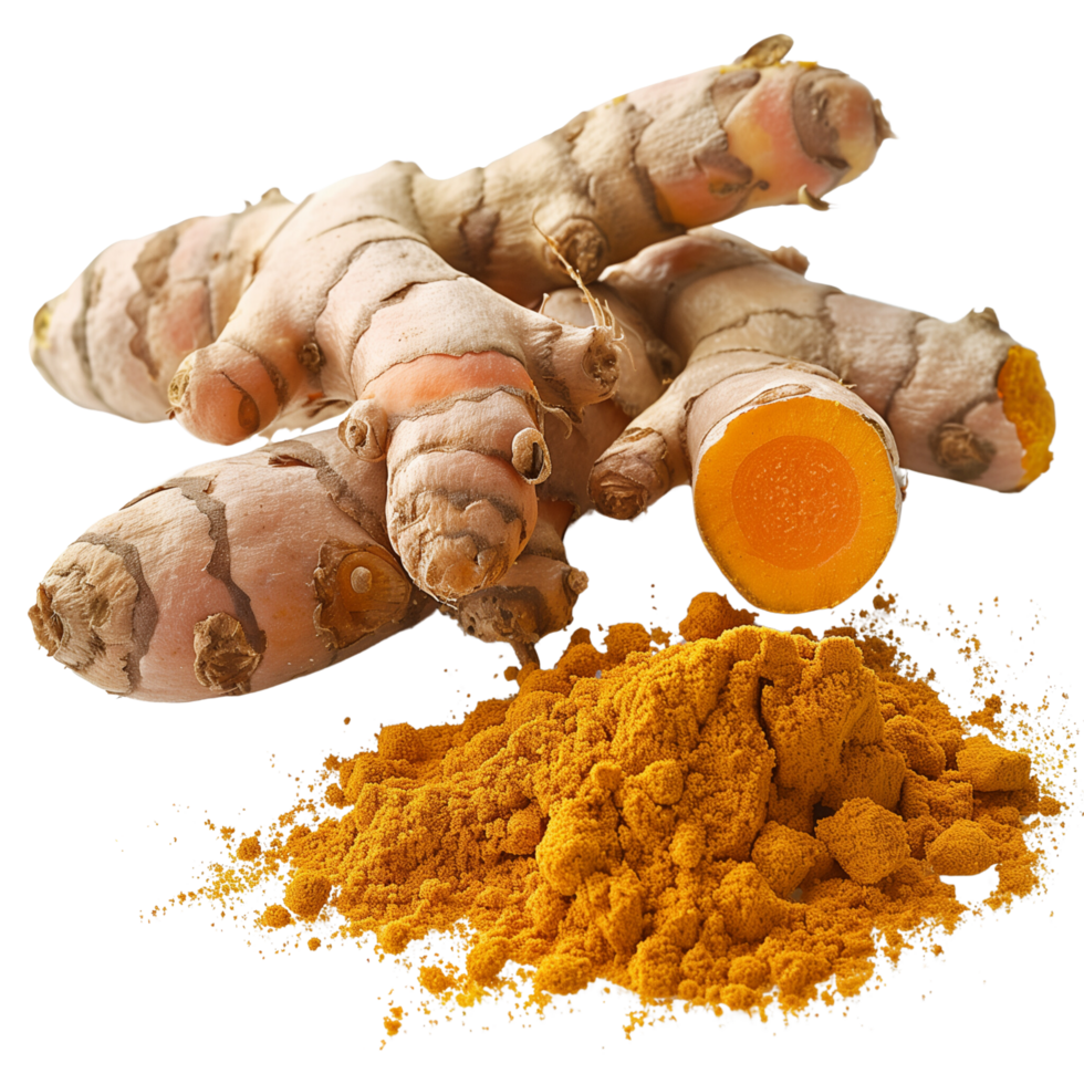 Clear and sharp focus close-up of fresh Curcuma longa roots beside a pile of turmeric powder isolated on a transparent background png