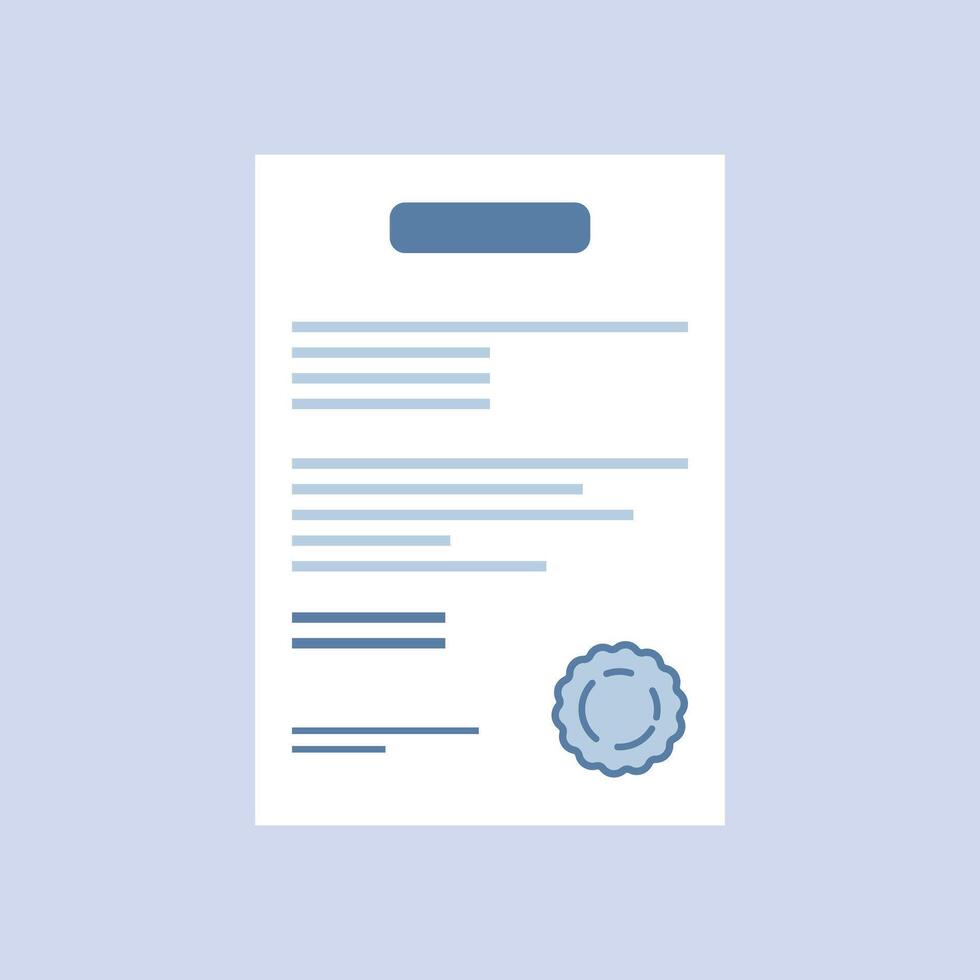 Document with stamp and text icon in flat style. White papers illustration on isolated background. Confirmed or approved document sign business concept. vector