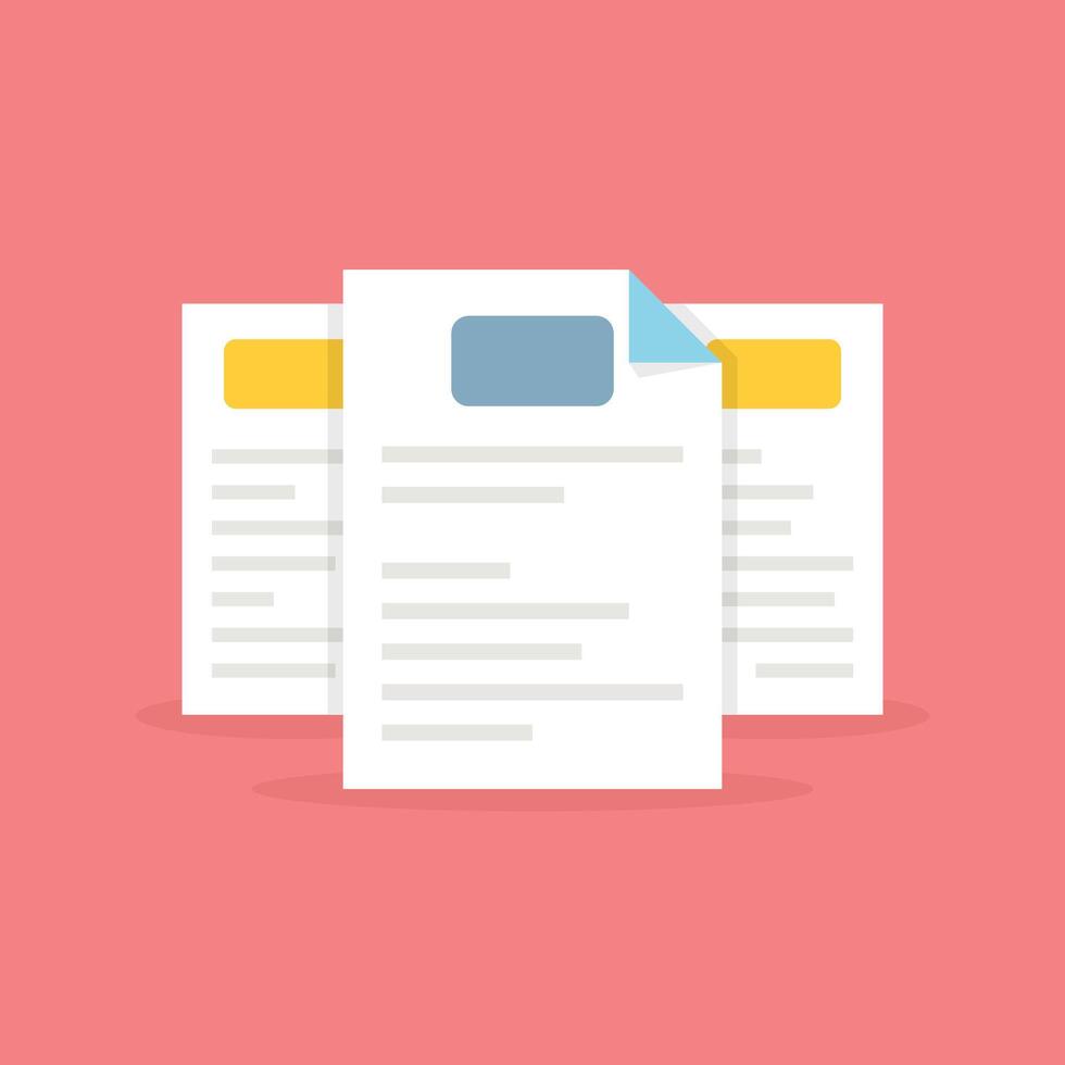 Document with stamp and text icon in flat style. White papers illustration on isolated background. Confirmed or approved document sign business concept. vector