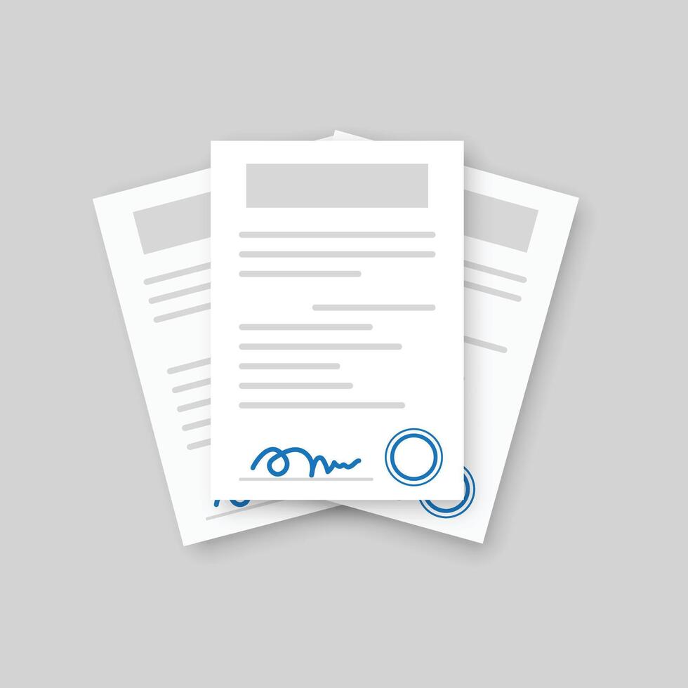 Document with stamp and text icon in flat style. White papers illustration on isolated background. Confirmed or approved document sign business concept. vector