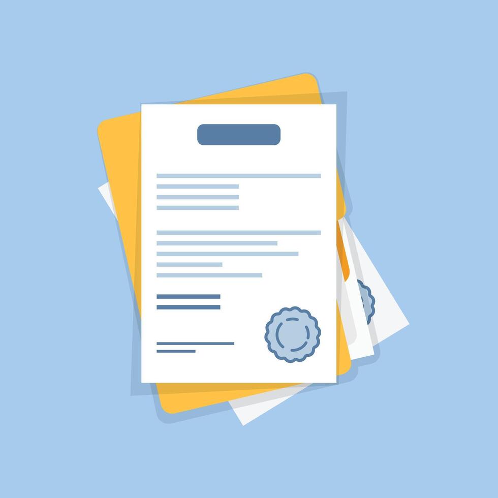 Document, folder with stamp and text icon in flat style. White papers illustration on isolated background. Confirmed or approved document sign business concept. vector
