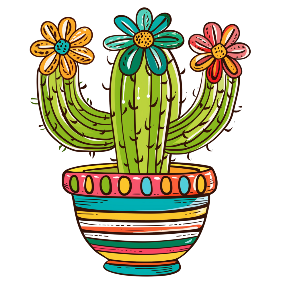 Doodle-style illustration of a cheerful cactus with flowers in a colorful striped pot, isolated on a transparent background png