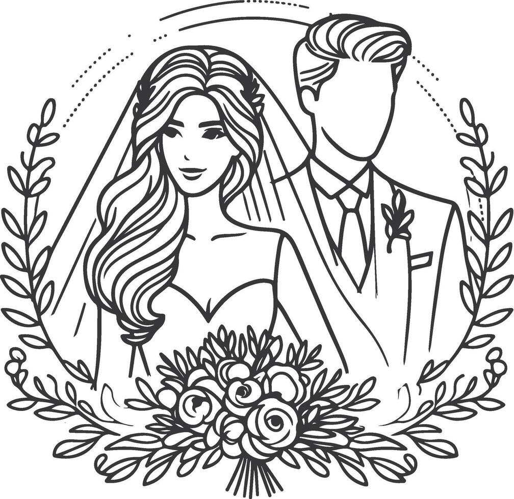 Continuous one line drawing of a wedding couple illustration. vector