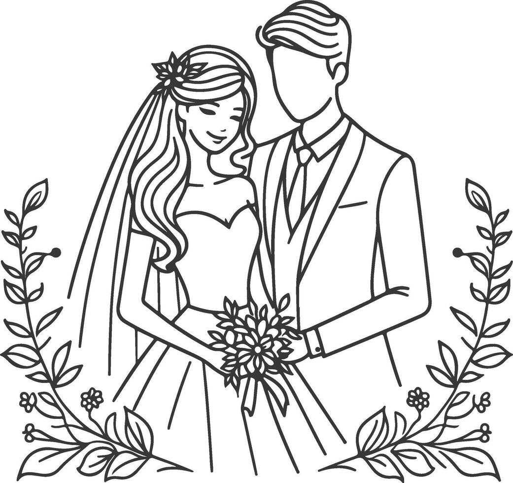Continuous one line drawing of a wedding couple illustration. vector