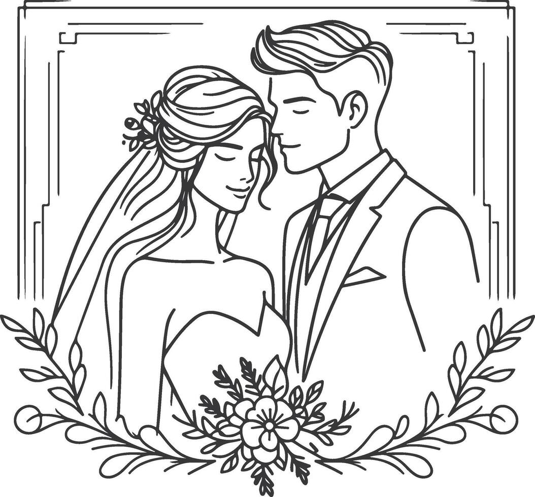 Continuous one line drawing of a wedding couple illustration. vector