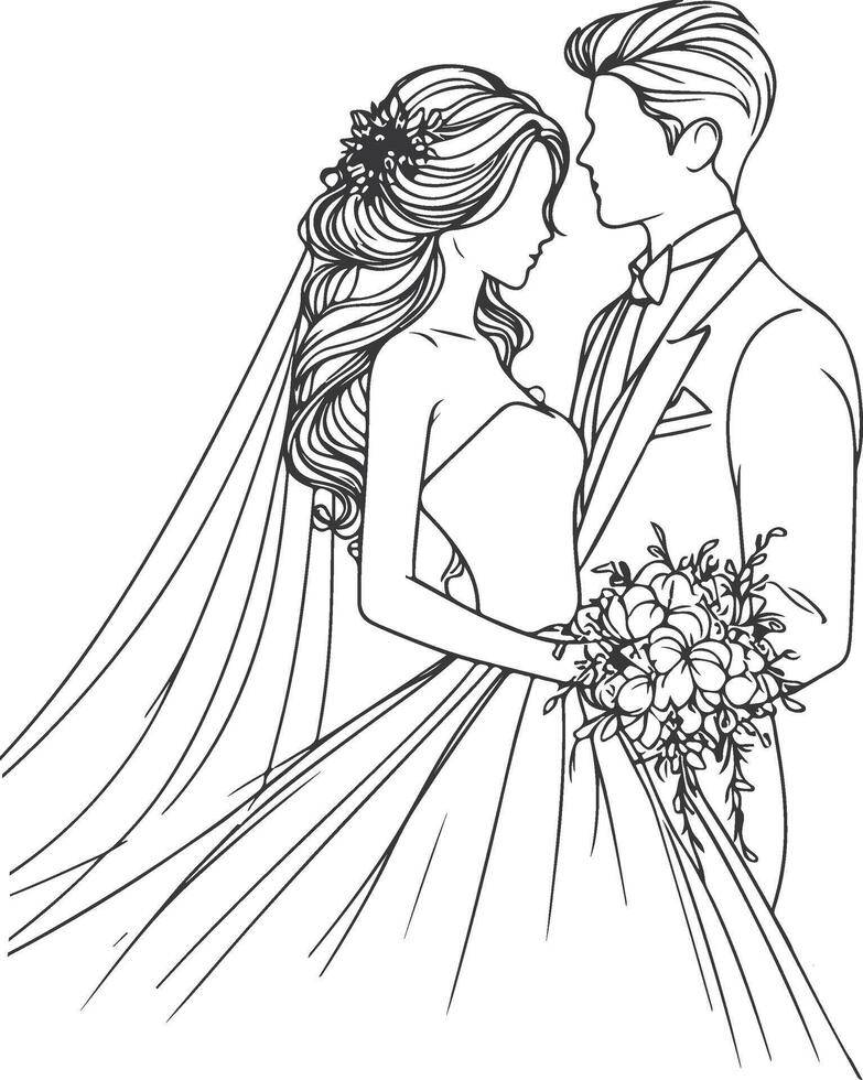 Continuous one line drawing of a wedding couple illustration. vector