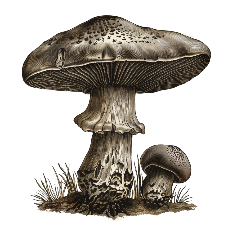 An intricately detailed mushroom image in the color style of old engravings, isolated on a transparent background png