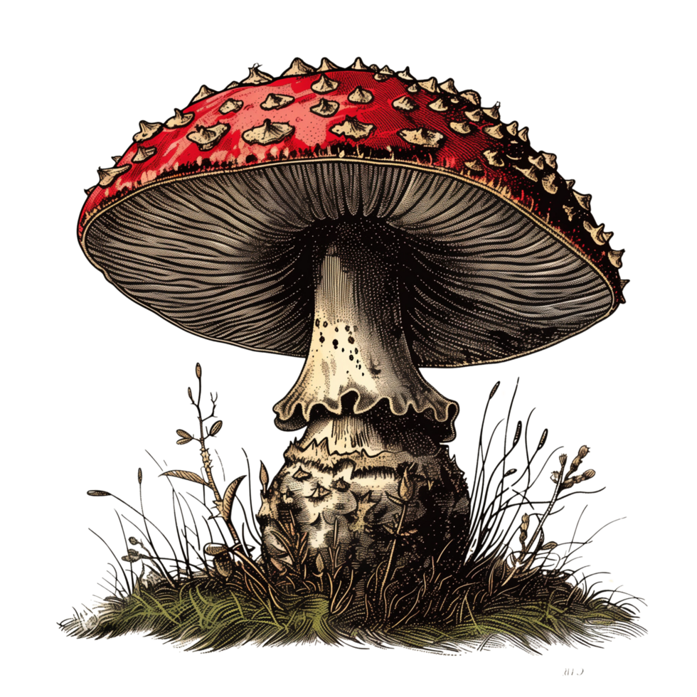 An intricately detailed mushroom image in the color style of old engravings, isolated on a transparent background png