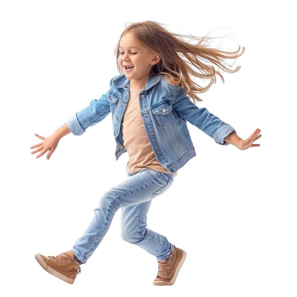 Little happy child kid girl in casual clothes dancing joyfully, isolated on a transparent background png