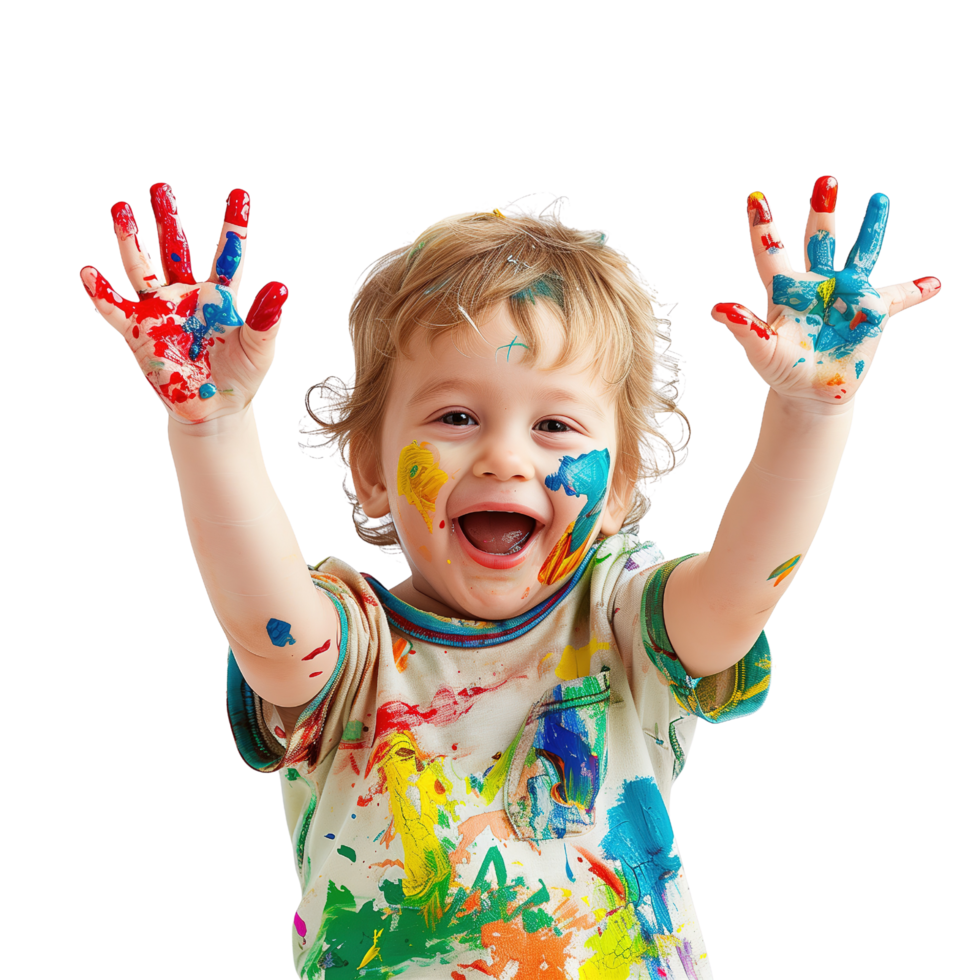 A young child with a joyful expression, hands held up and covered in various paint colors isolated on a transparent background png