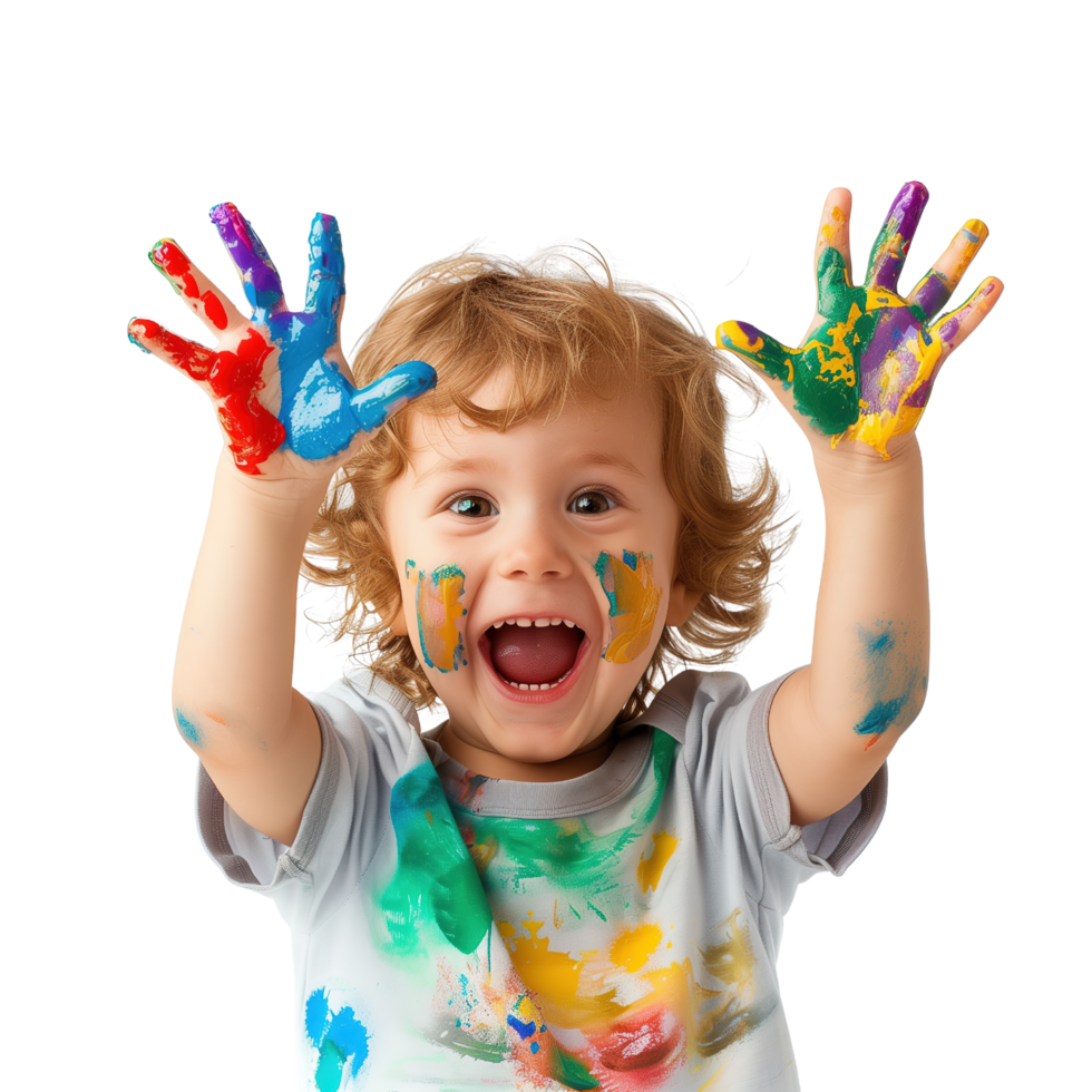 A young child with a joyful expression, hands held up and covered in various paint colors isolated on a transparent background png