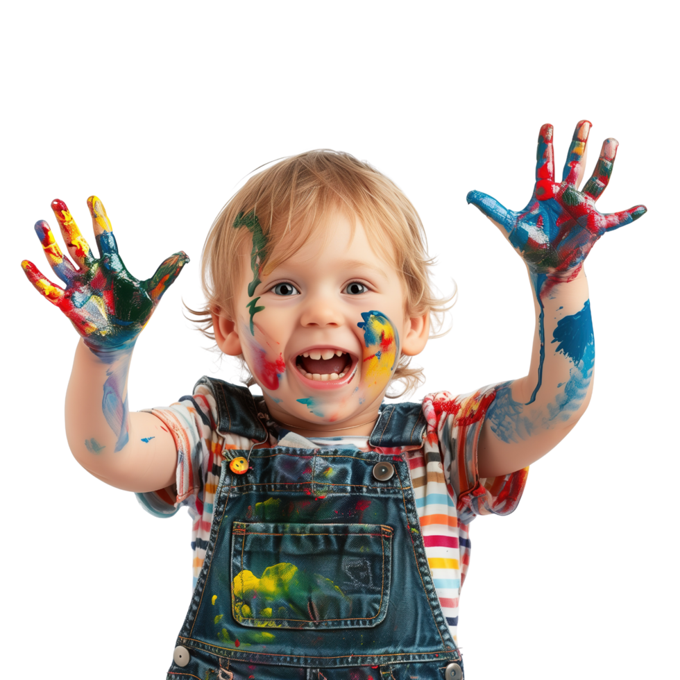 A young child with a joyful expression, hands held up and covered in various paint colors isolated on a transparent background png