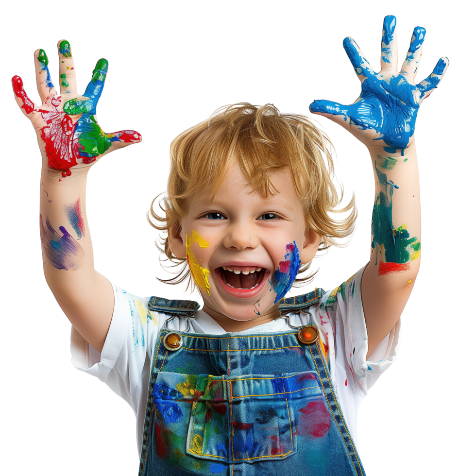 A young child with a joyful expression, hands held up and covered in various paint colors isolated on a transparent background png