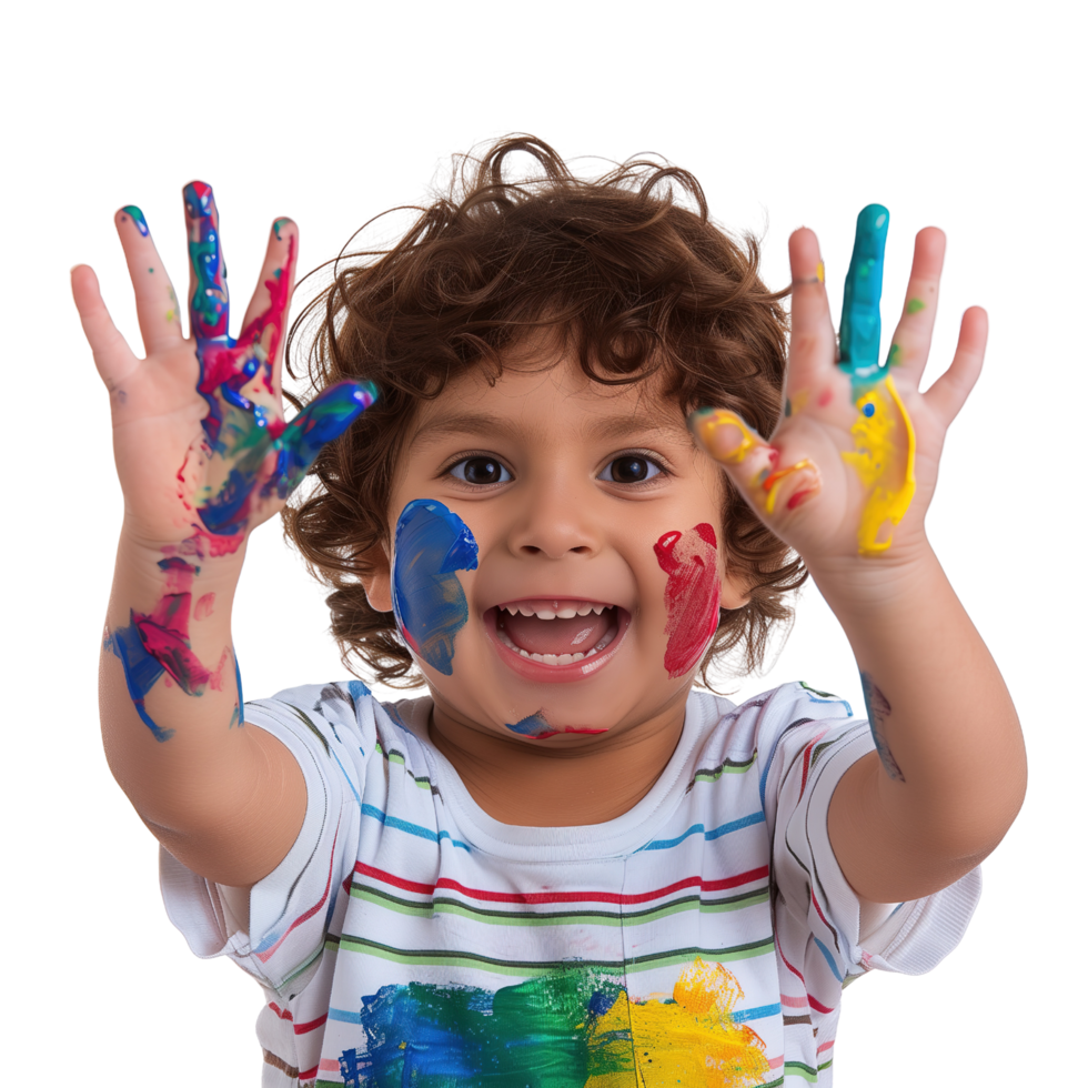 A young child with a joyful expression, hands held up and covered in various paint colors isolated on a transparent background png