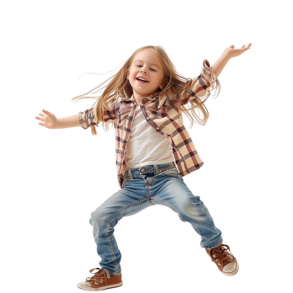 Little happy child kid girl in casual clothes dancing joyfully, isolated on a transparent background png