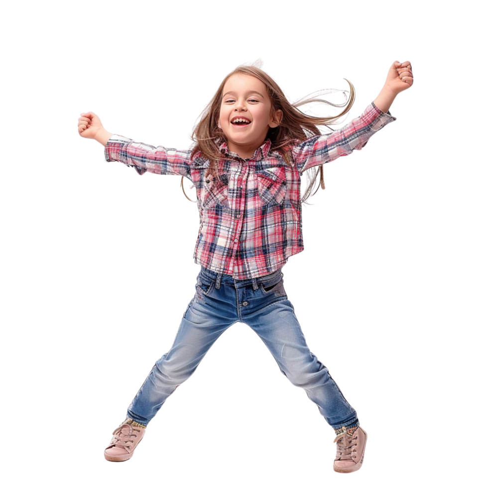 Little happy child kid girl in casual clothes dancing joyfully, isolated on a transparent background png