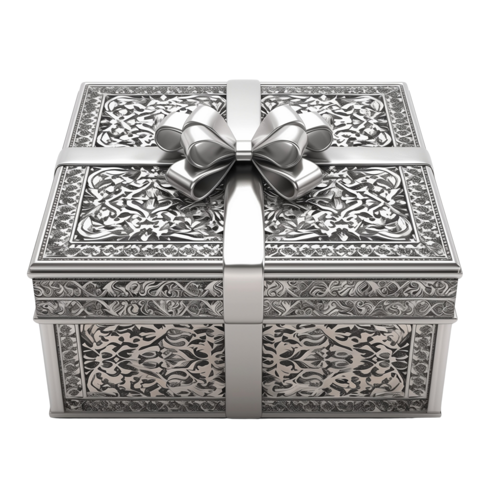 An elegant silver gift box adorned with intricate patterns isolated on a transparent background png