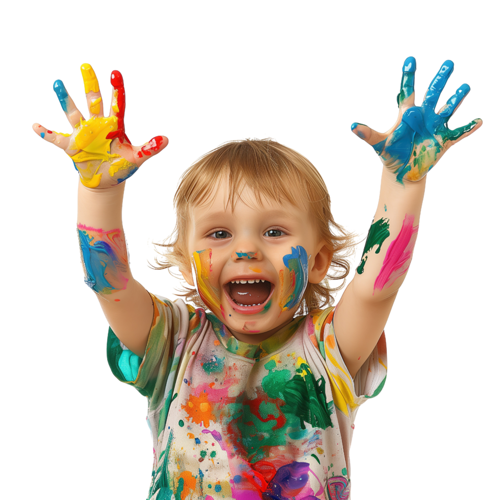 A young child with a joyful expression, hands held up and covered in various paint colors isolated on a transparent background png