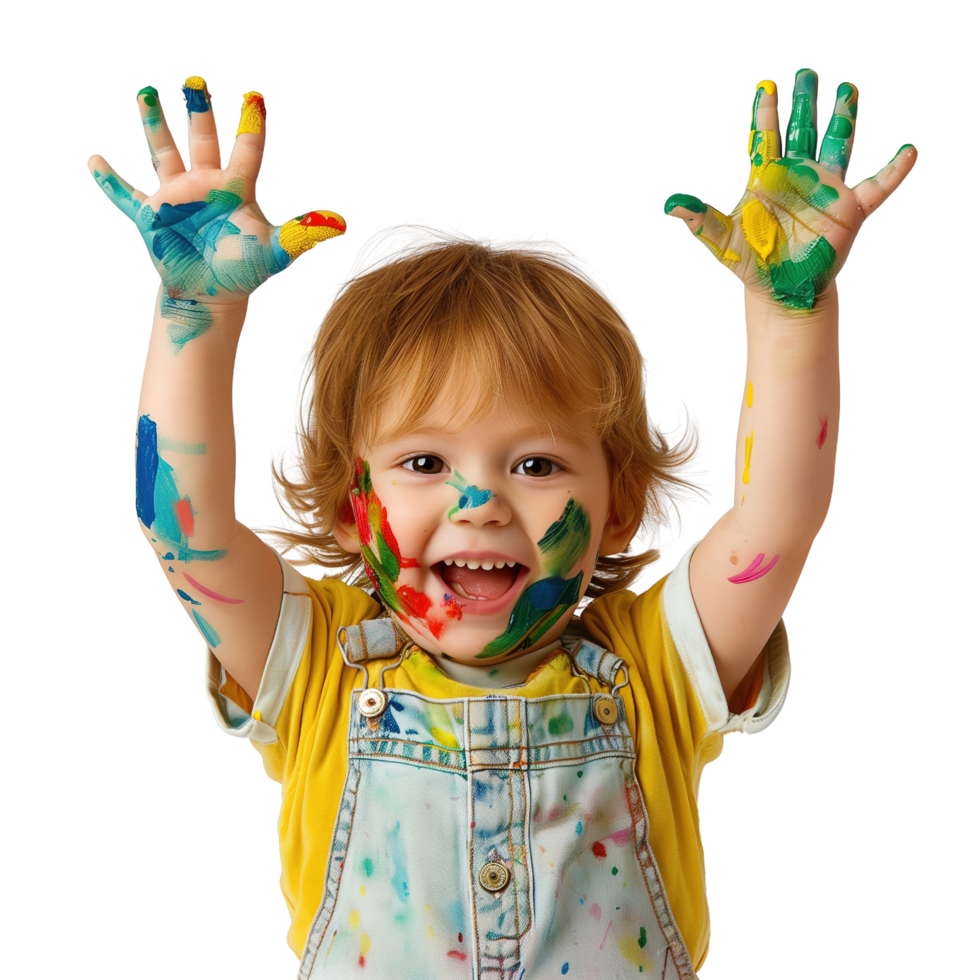 A young child with a joyful expression, hands held up and covered in various paint colors isolated on a transparent background png