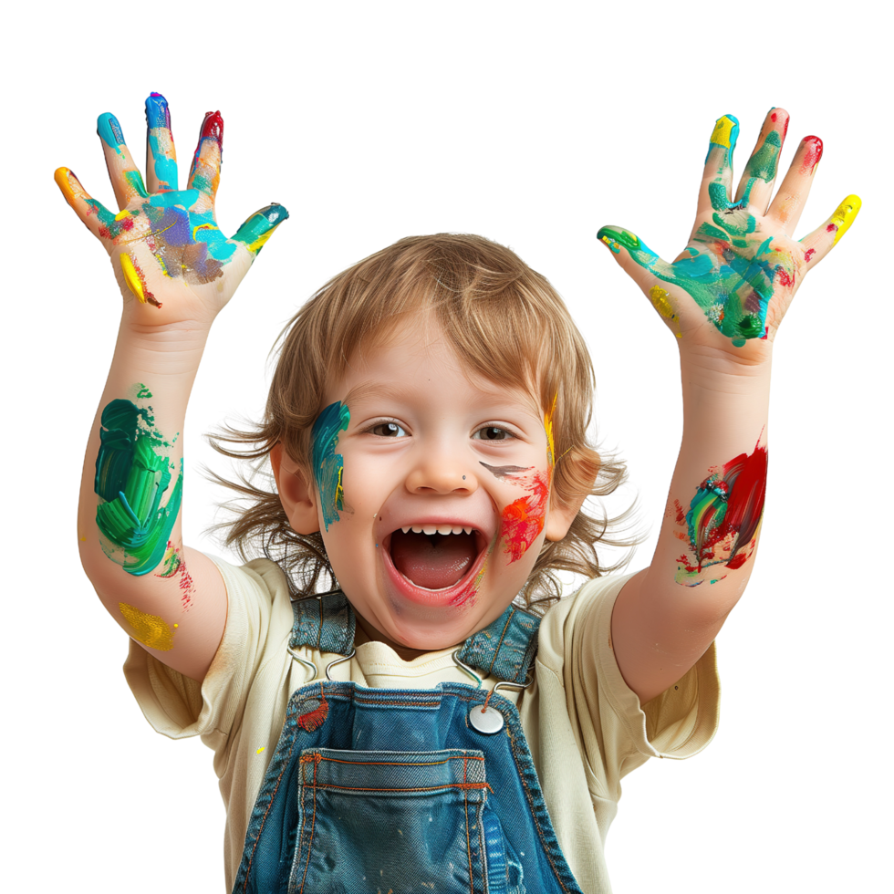 A young child with a joyful expression, hands held up and covered in various paint colors isolated on a transparent background png