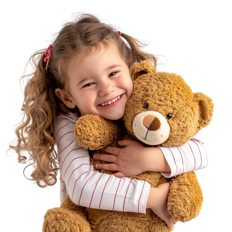 Little happy child kid girl, smiling and having fun while hugging a teddy bear plush toy, isolated on a transparent background png