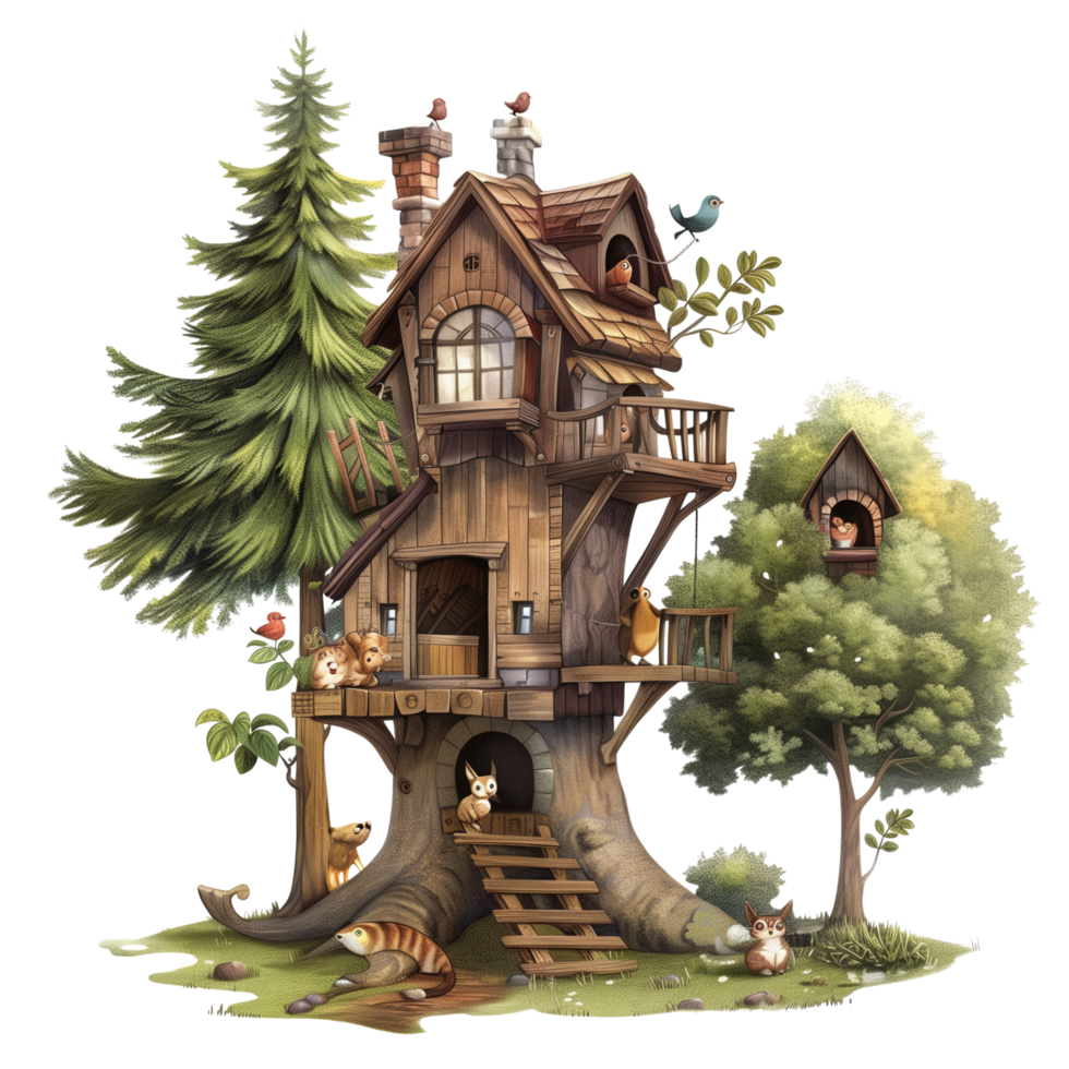A whimsical cartoon treehouse nestled among tall trees, with friendly forest animals peeking out, isolated on a transparent background png