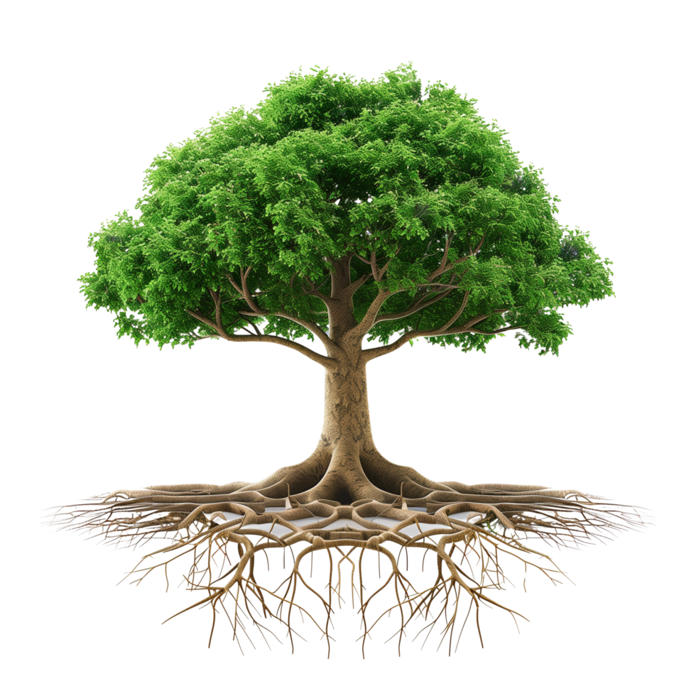 A vibrant green tree with intricate roots, isolated on a transparent background png