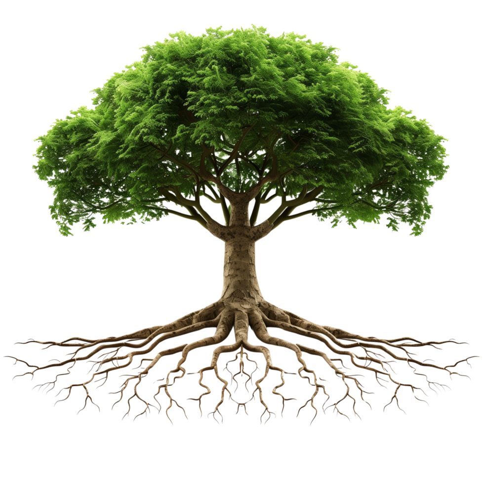 A vibrant green tree with intricate roots, isolated on a transparent background png