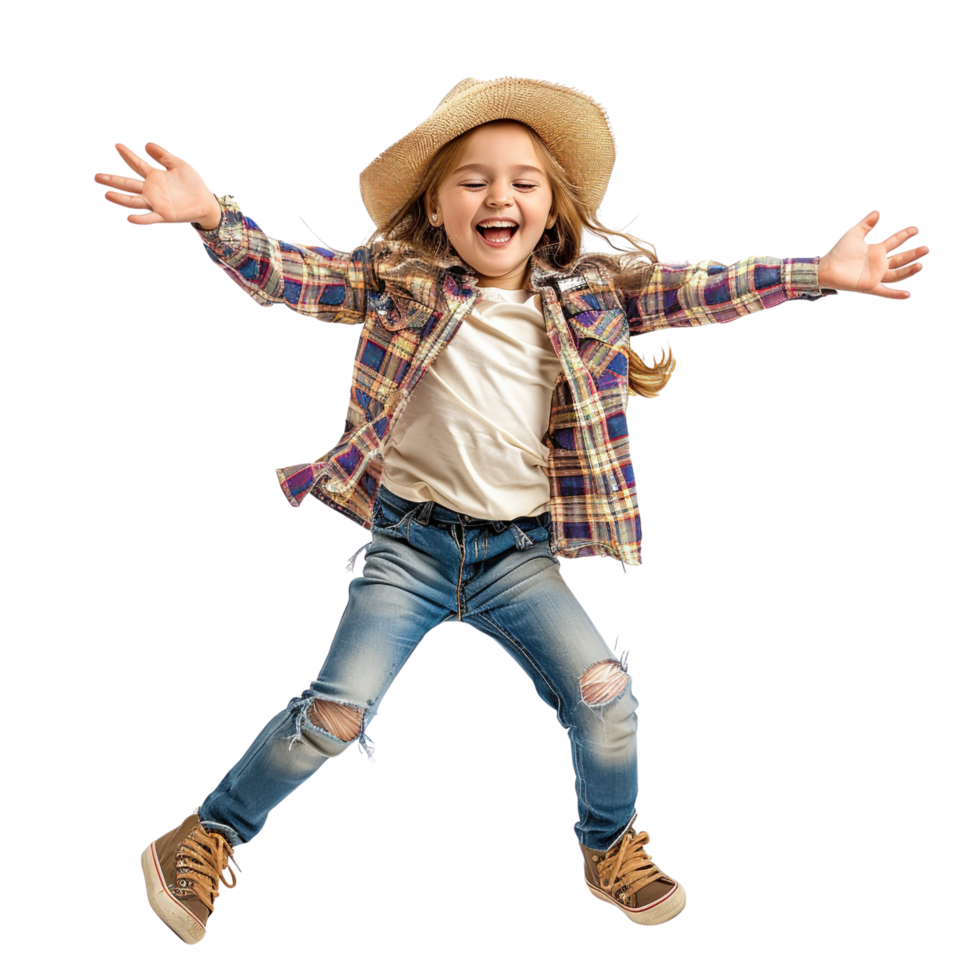 Little happy child kid girl in casual clothes dancing joyfully, isolated on a transparent background png
