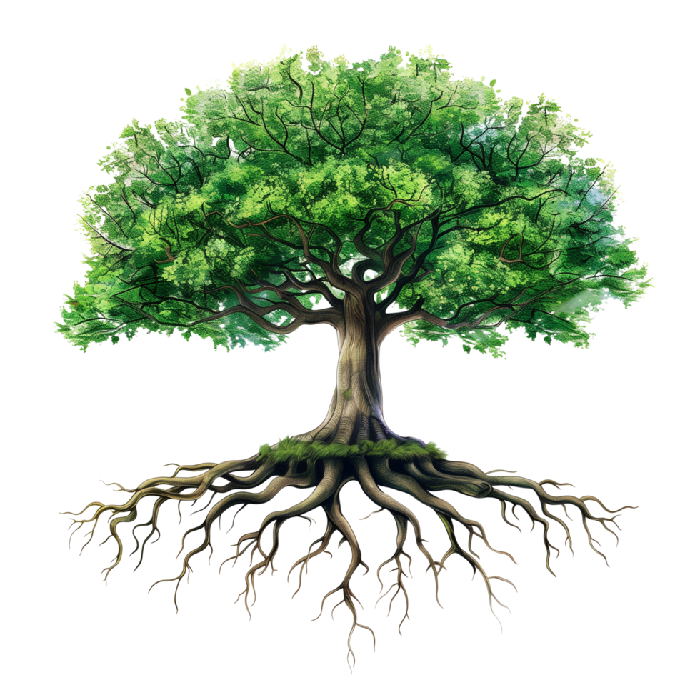 A vibrant green tree with intricate roots, isolated on a transparent background png