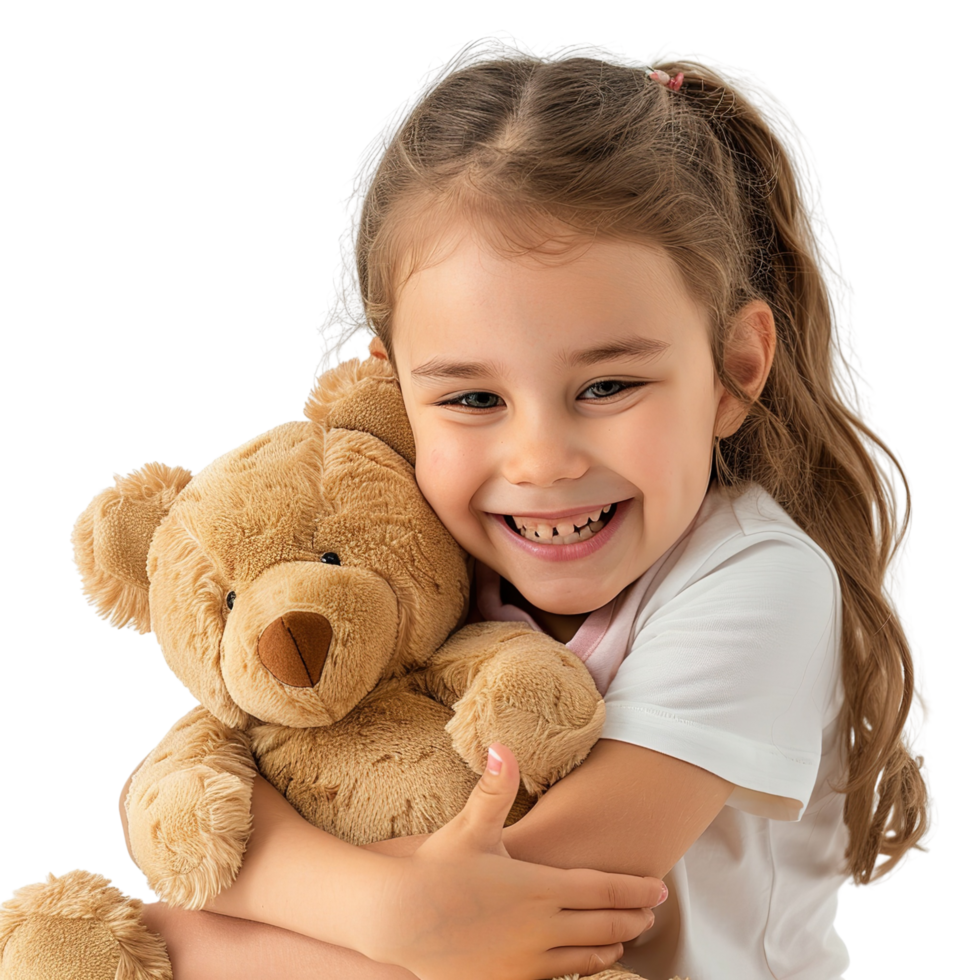 Little happy child kid girl, smiling and having fun while hugging a teddy bear plush toy, isolated on a transparent background png