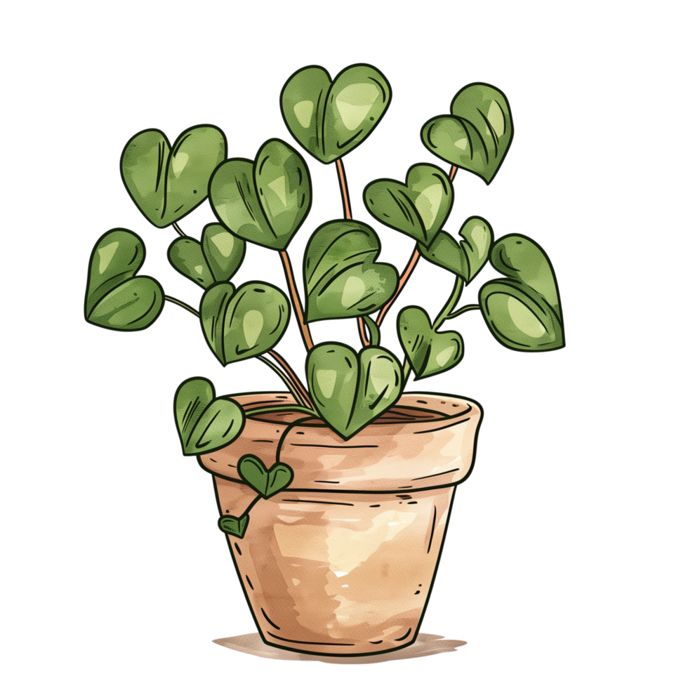 Hand-drawn doodle of a cozy indoor plant with heart-shaped leaves in a rustic clay pot, isolated on a transparent background png