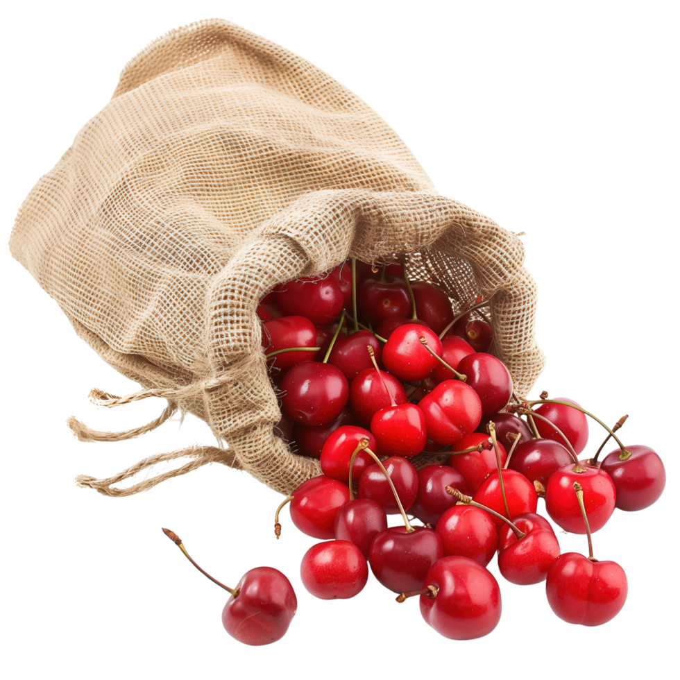 Ripe red cherries spilling out of a burlap sack, isolated on a transparent background png