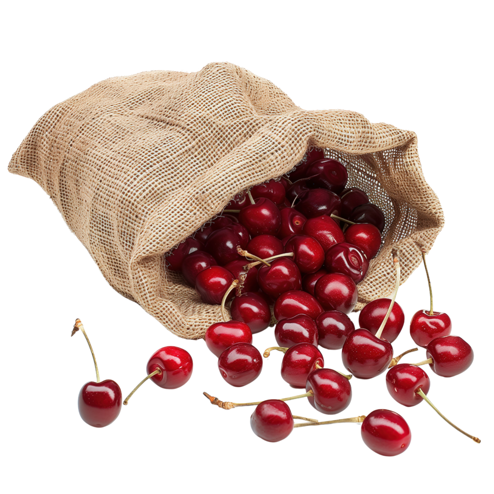 Ripe red cherries spilling out of a burlap sack, isolated on a transparent background png