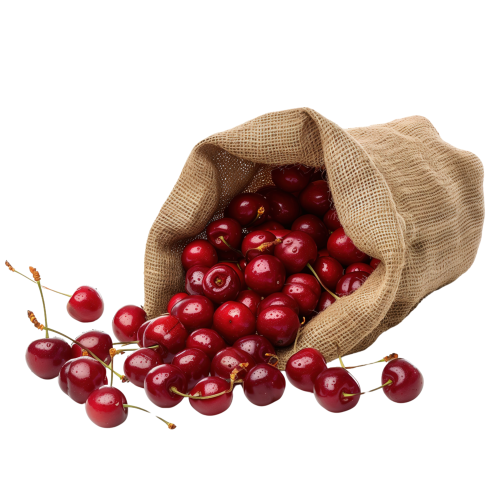 Ripe red cherries spilling out of a burlap sack, isolated on a transparent background png