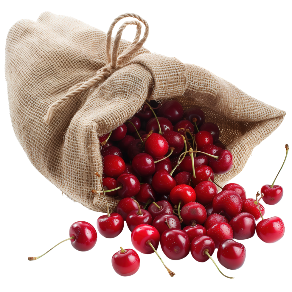Ripe red cherries spilling out of a burlap sack, isolated on a transparent background png