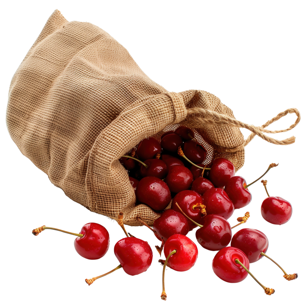 Ripe red cherries spilling out of a burlap sack, isolated on a transparent background png