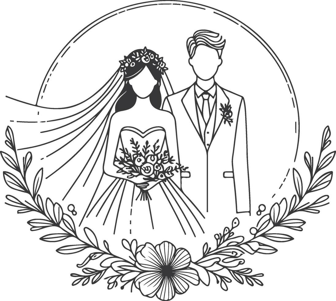 Continuous one line drawing of a wedding couple illustration. vector