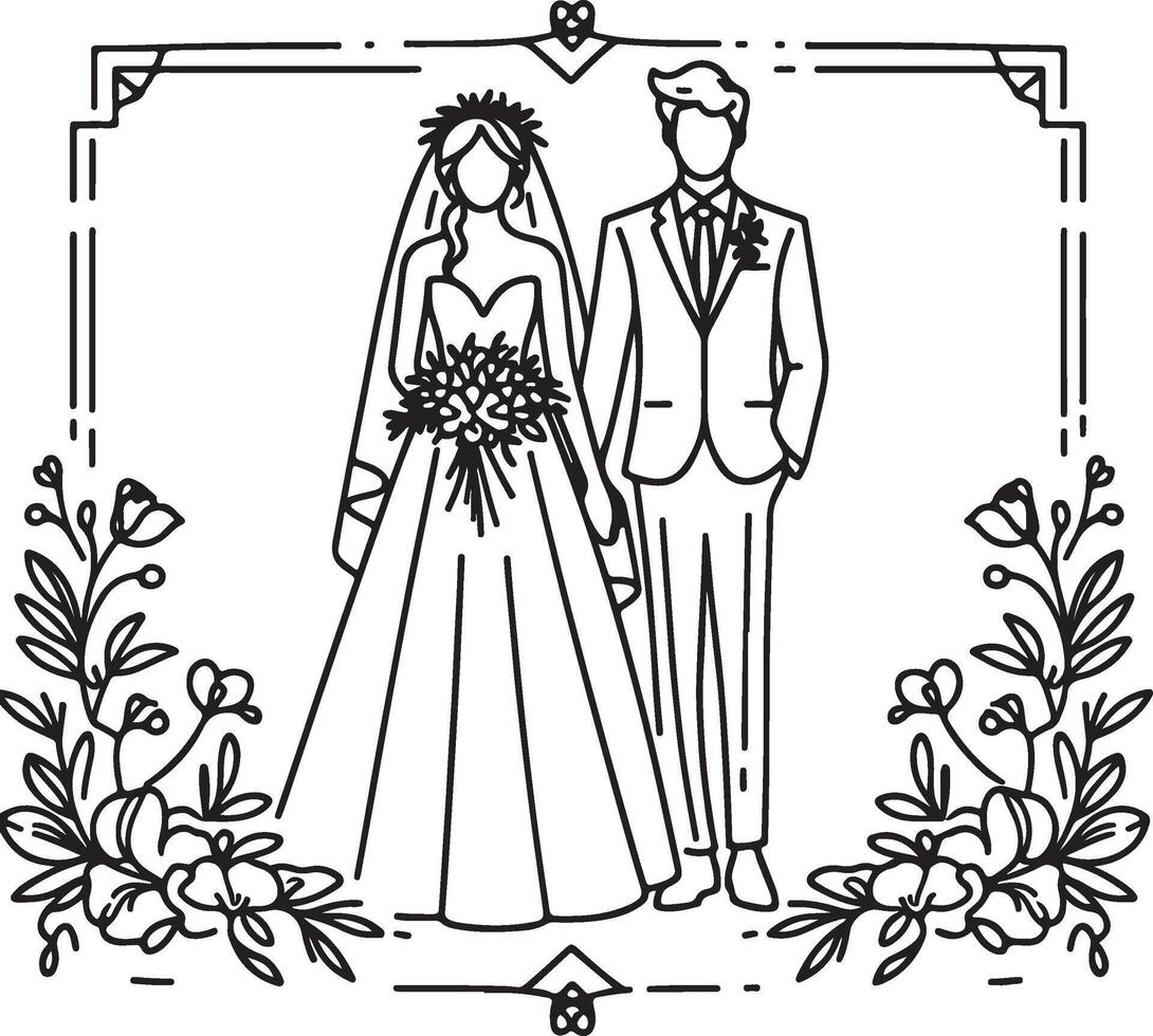 Continuous one line drawing of a wedding couple illustration. vector