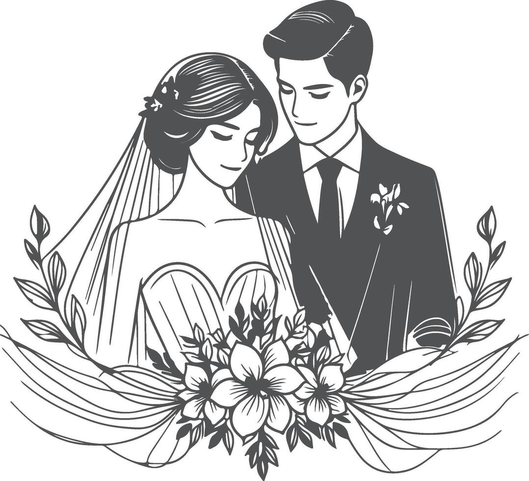 Continuous one line drawing of a wedding couple illustration. vector