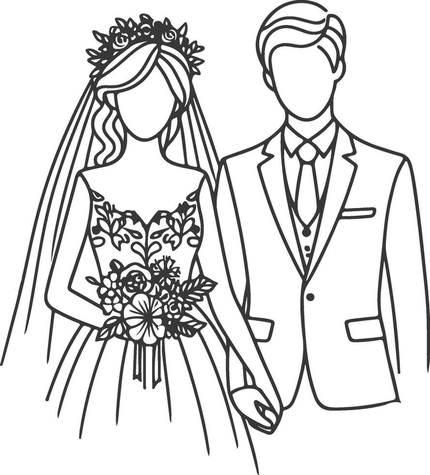 Continuous one line drawing of a wedding couple illustration. vector