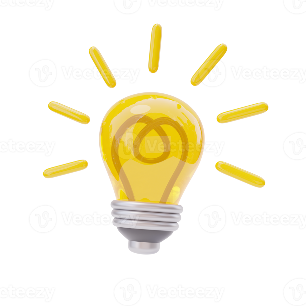 3d yellow light bulb with rays. Lamp icon, business success, strategy concept. Creativity idea concept. Back to school concept. 3d render illustration png