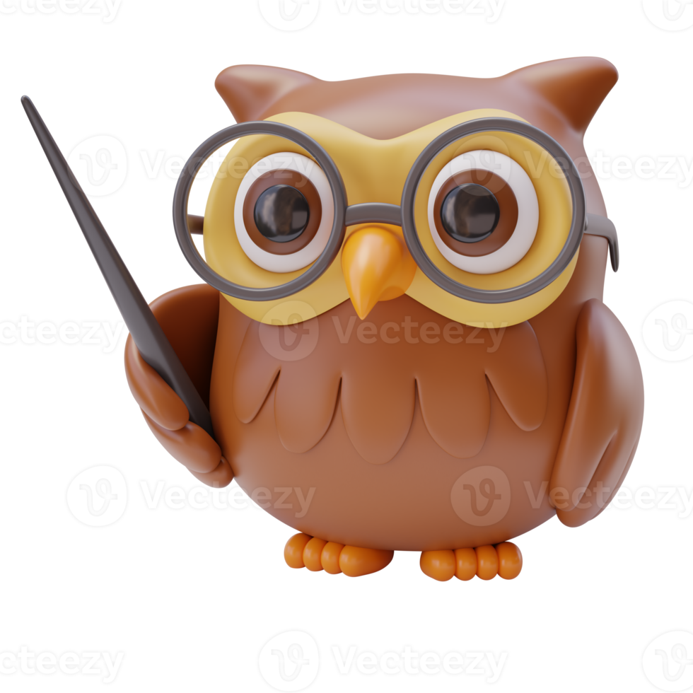 3d owl character in glasses. Clever Bird Icon, education design, symbol of wisdom. School elements. Back to school concept. 3d render illustration png