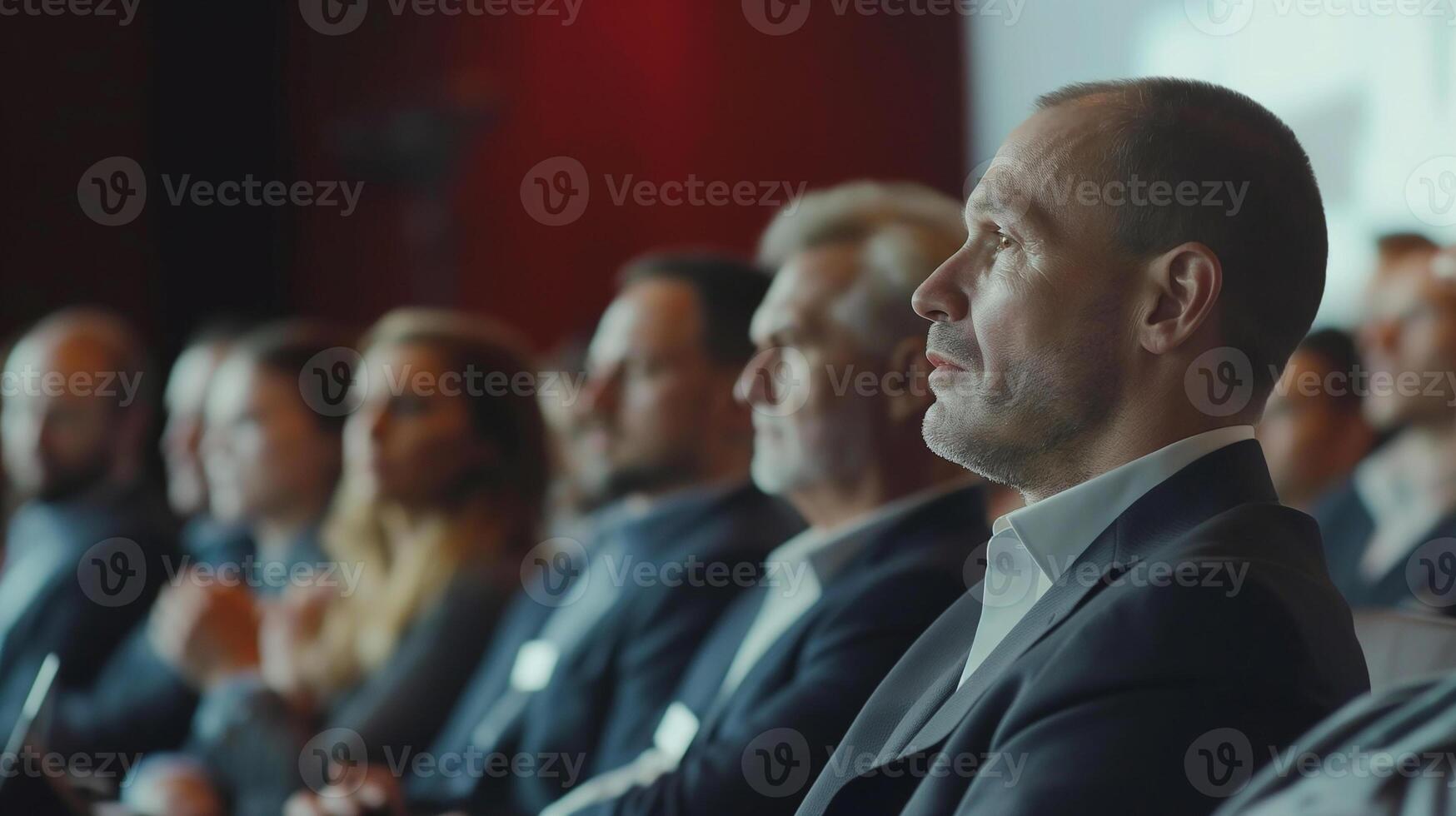Business concept. Employees listening to the meeting where the company determines its customer target audience. Employees watching company presentation. photo