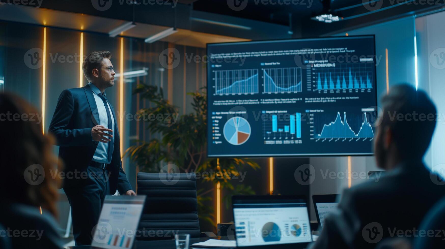 Business meeting concept. Male manager examining sales charts at company meeting. Male employee examining the company's annual report and making a presentation at the meeting. photo