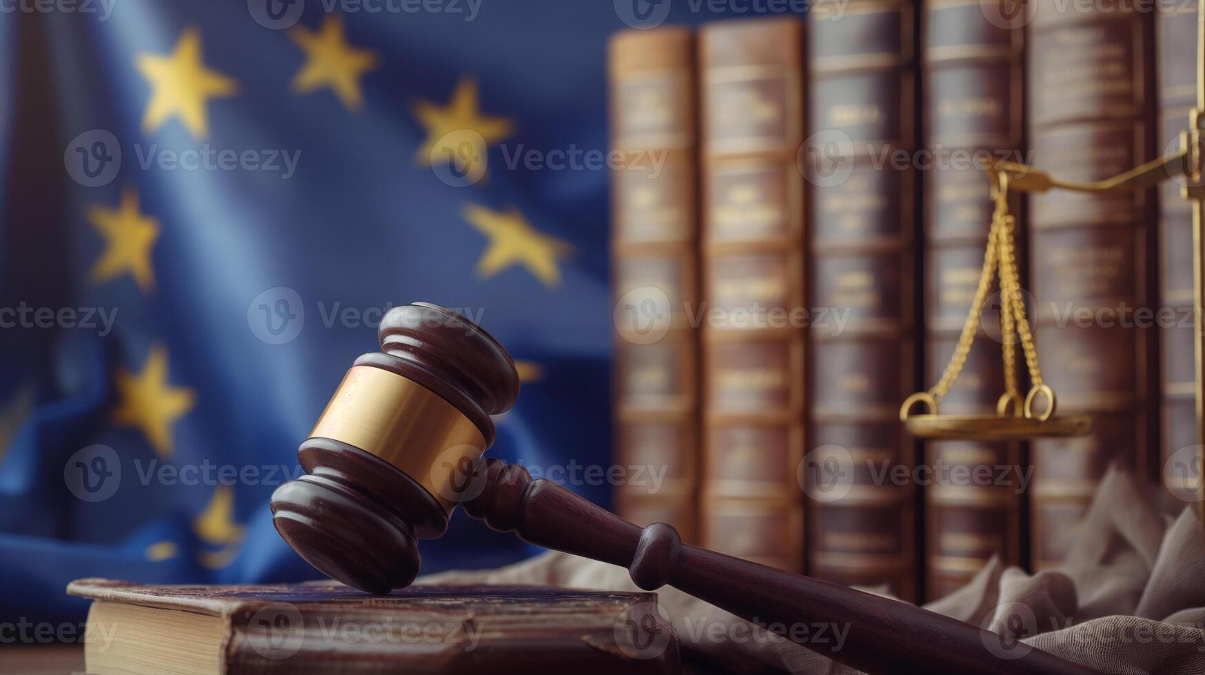 A judge's gavel with a blurred flag of European Union in the background. Background representing the European Union Legal System. photo