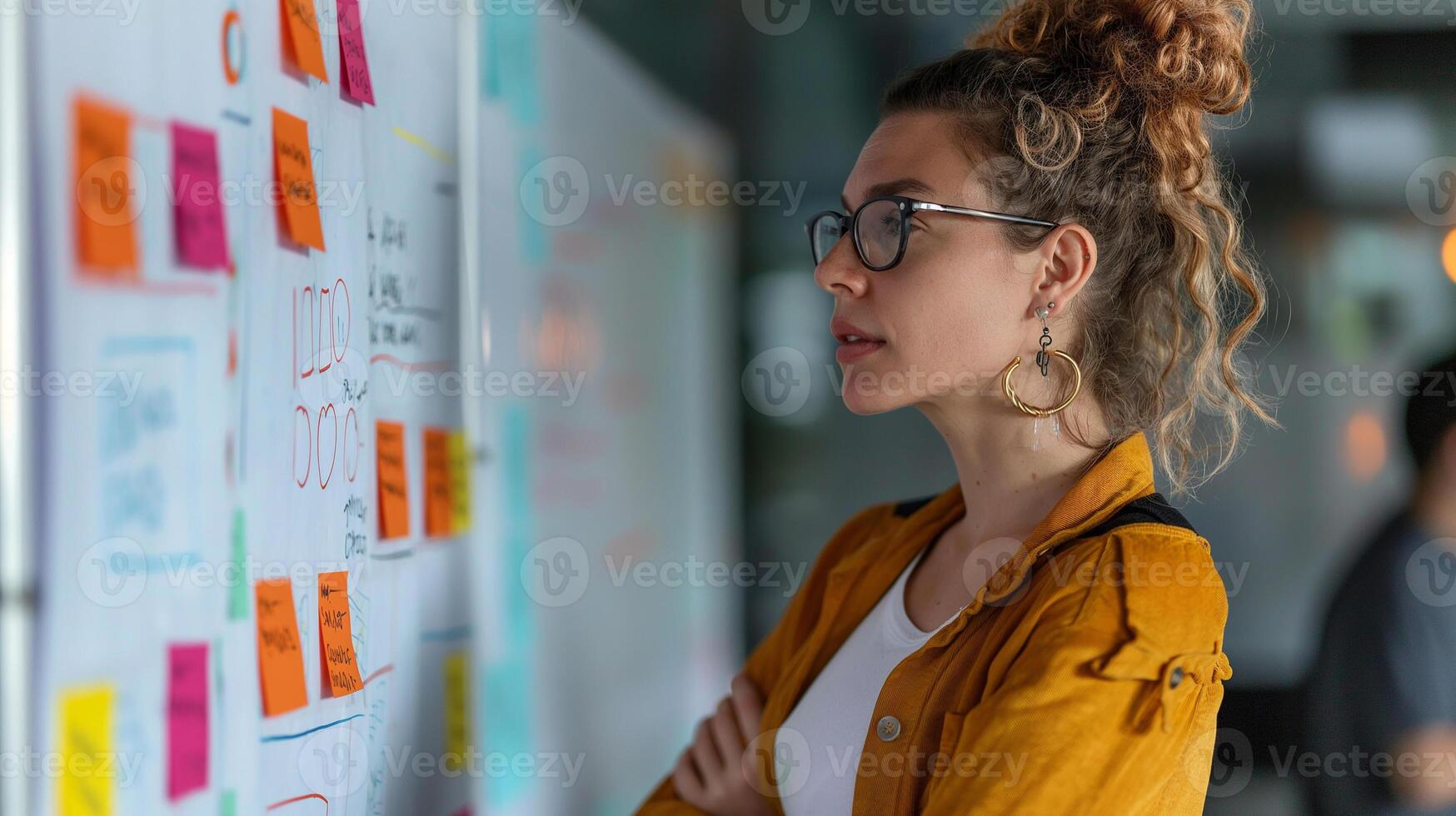 Business meeting concept. Female employee presenting his new business idea to his friends. Employee brainstorming with colleagues. photo